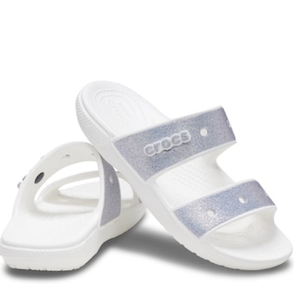 Crocs Classic Glitter 2 Slide Sandal, White with Silver Metallic - Picture 3 of 9